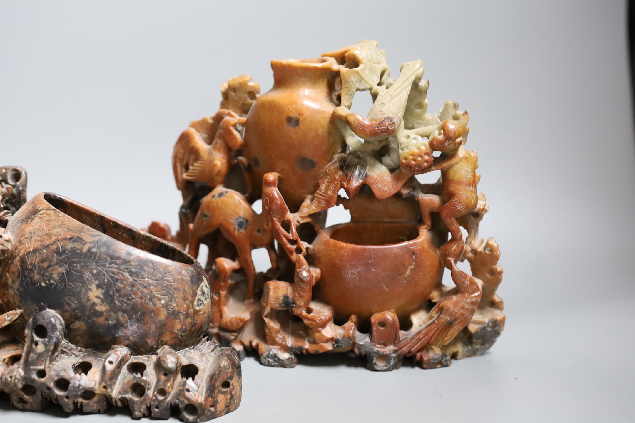 Two Chinese soapstone carvings, widest 29 cms